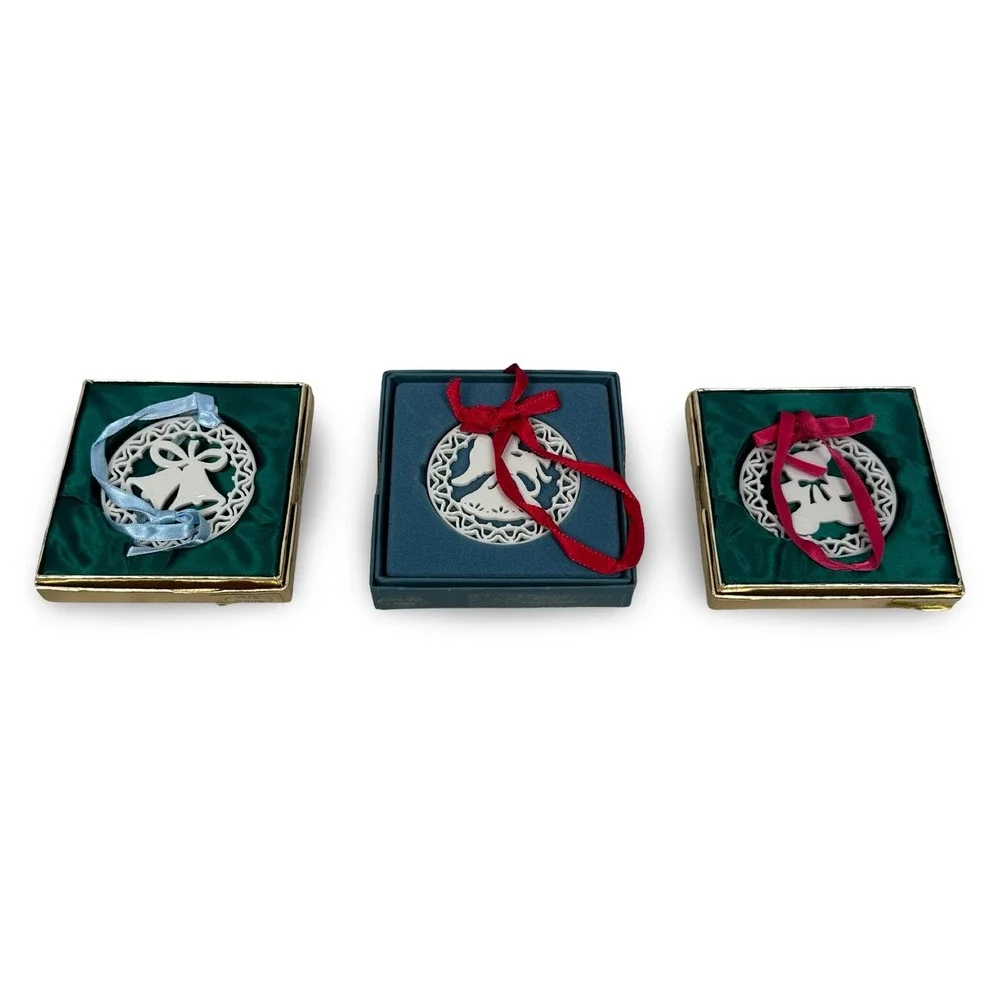 Lenox China Pierced Christmas Ornaments Set of 3 Angel Bells Teddy Bear Vintage